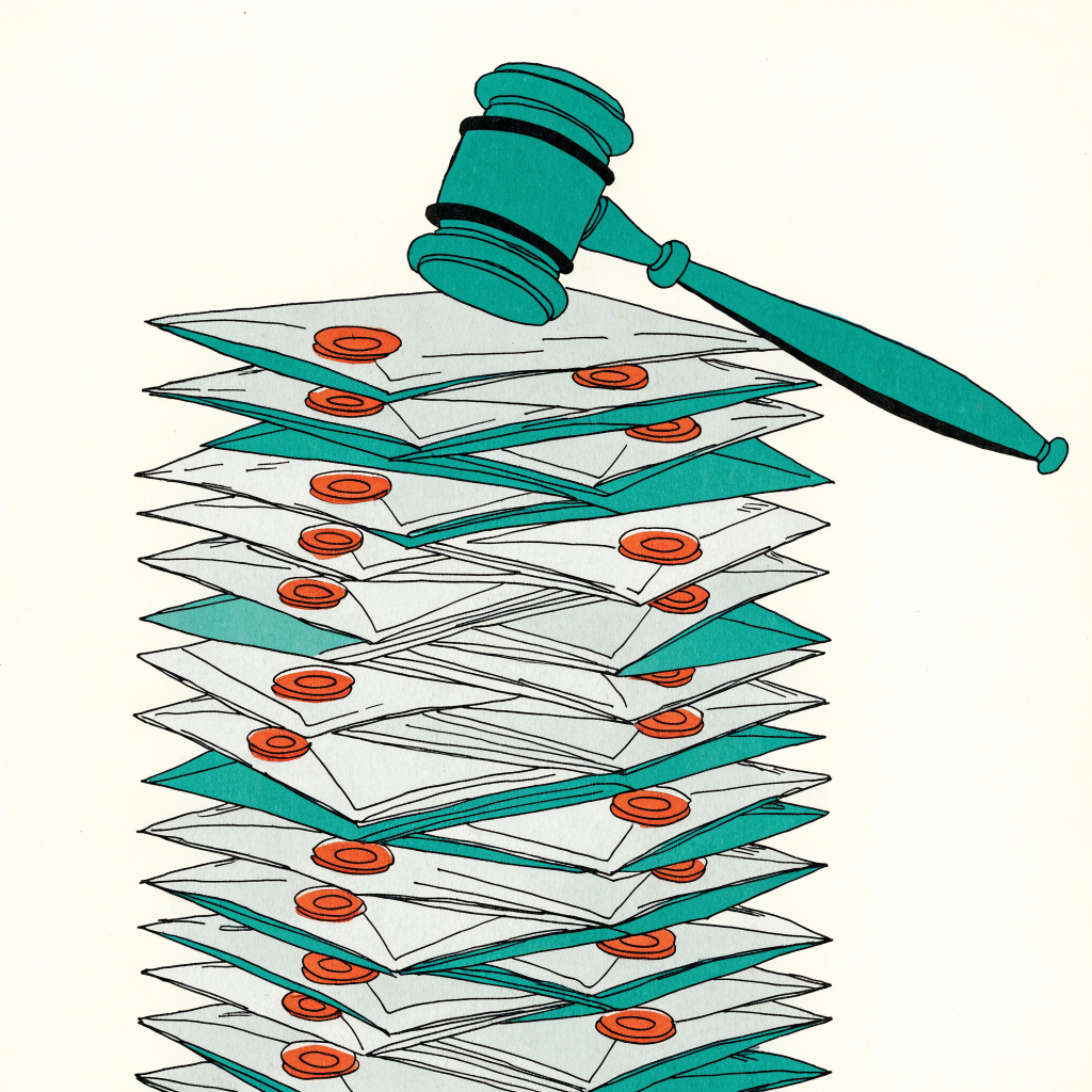 A judge's gavel resting on a thick stack of envelopes