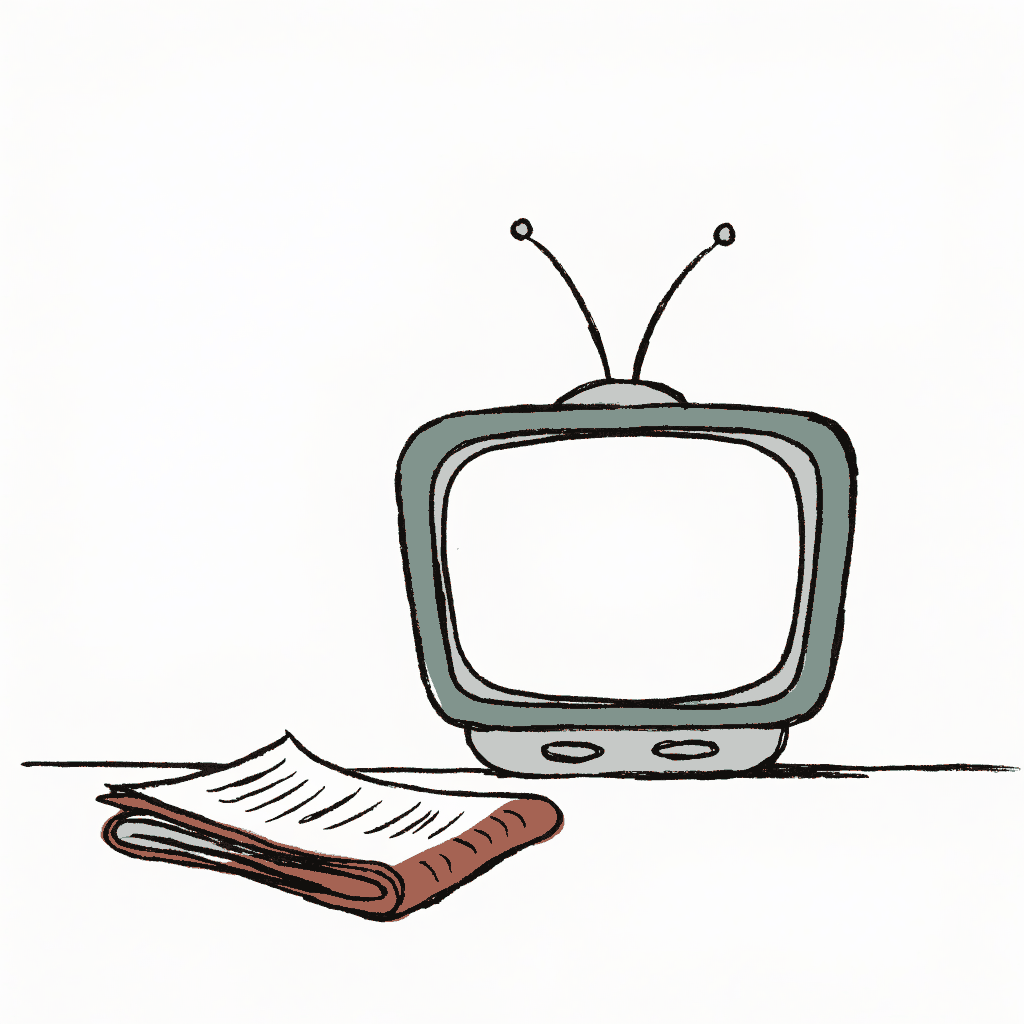 A television with a blank screen and a folded newspaper beside it