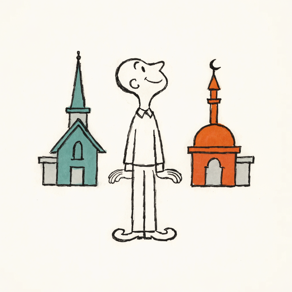 Three building fronts side by side: a church spire, a domed minaret, and a plain civic hall