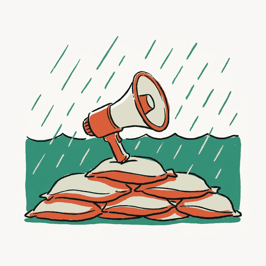 A megaphone propped on a sandbag wall with floodwater rising behind it