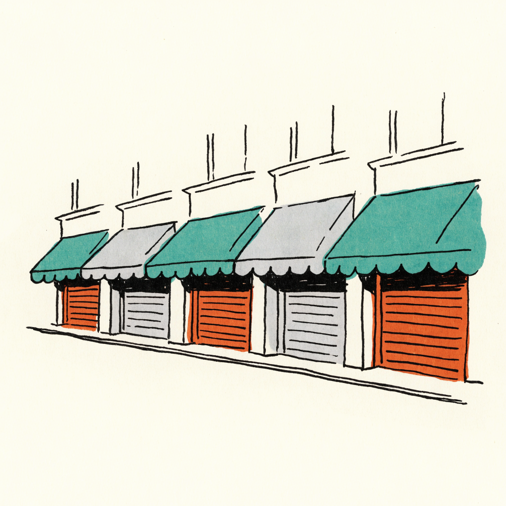 A row of small shopfront awnings with every shutter pulled down