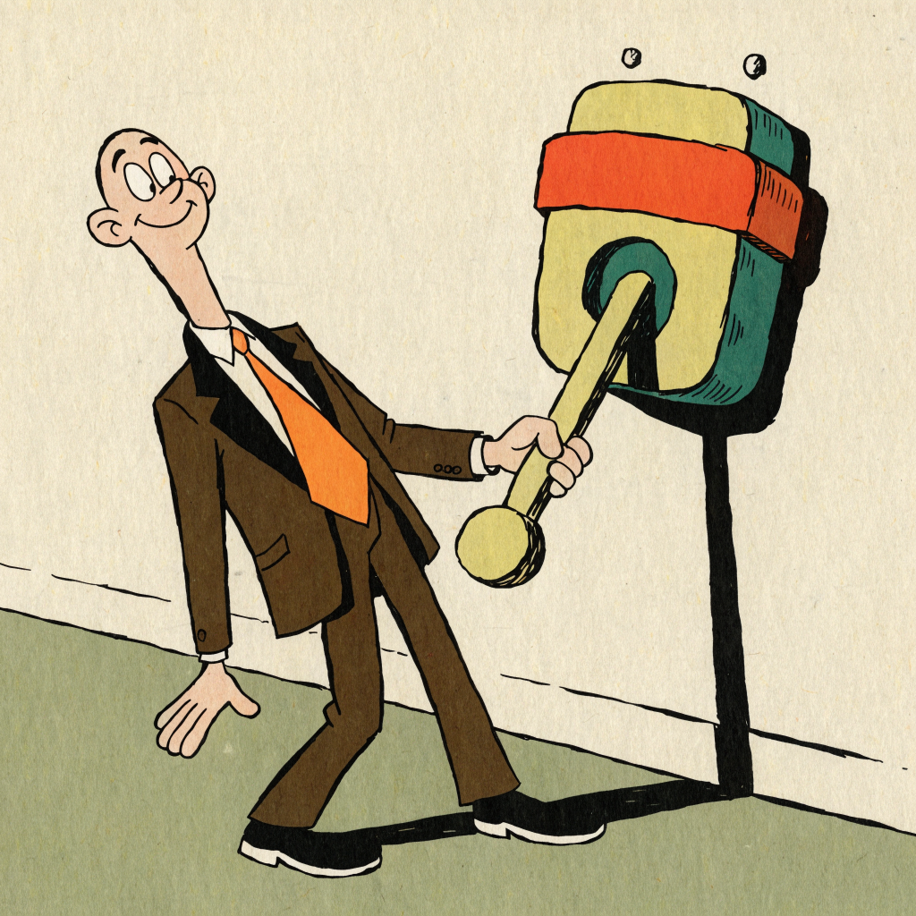 Cartoon of a person in a suit casually pulling a wall lever shaped like a padlock