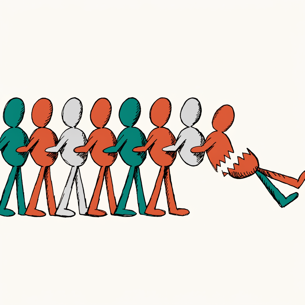 A row of identical paper cut-out figures with one being torn away