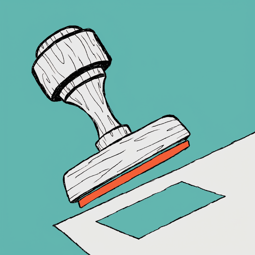 A rubber stamp pressing down onto a sheet of paper