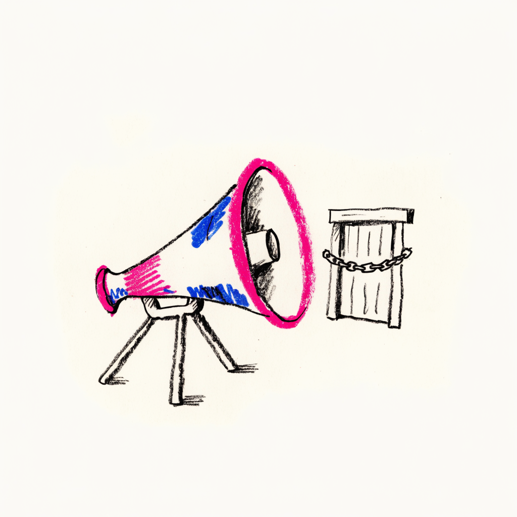 A megaphone aimed at a closed door with a chain across it