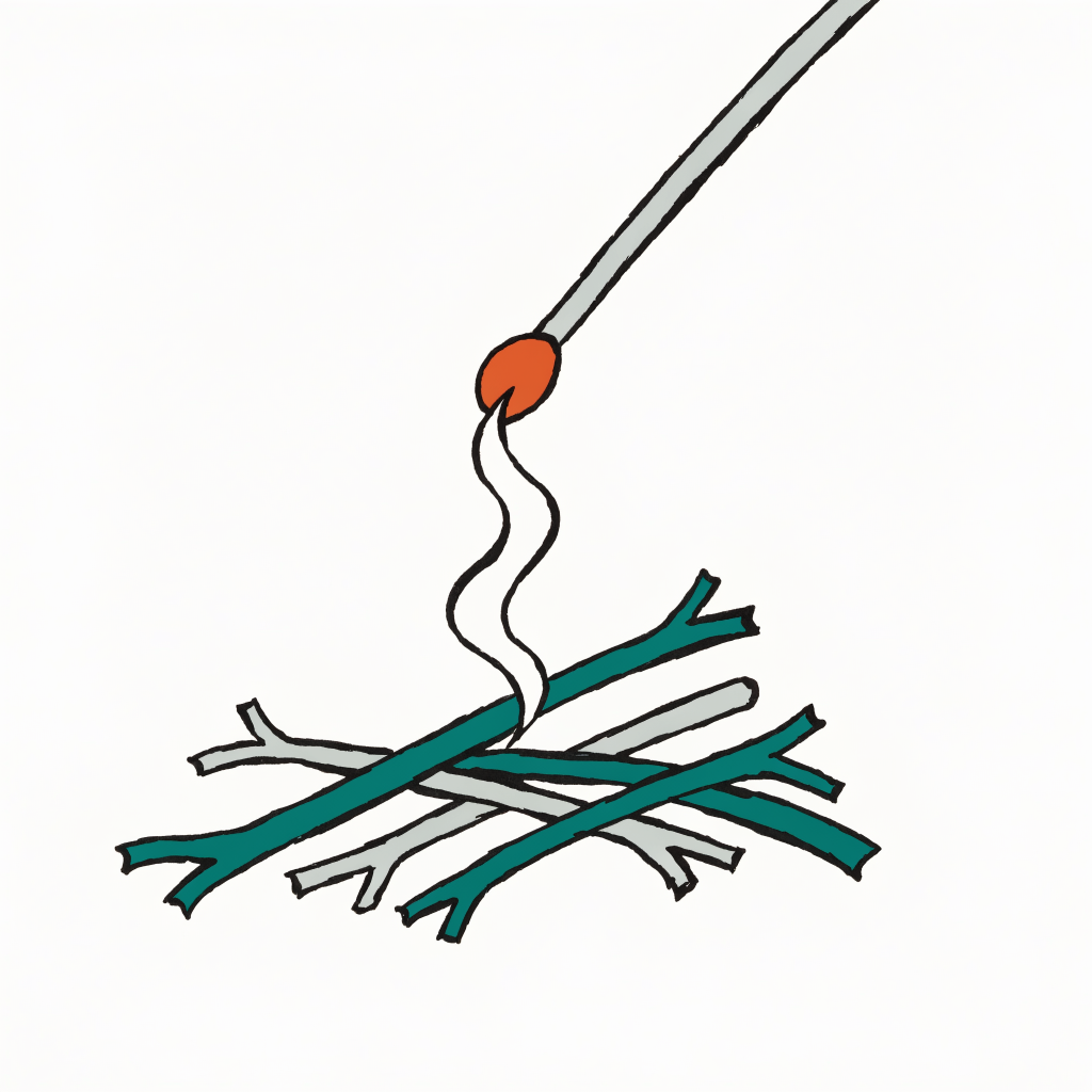 A lit match held over a small pile of kindling