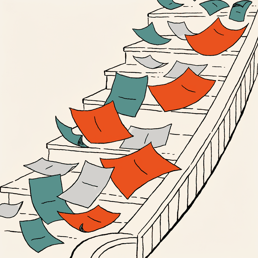 A paper trail of documents running up a flight of stone steps