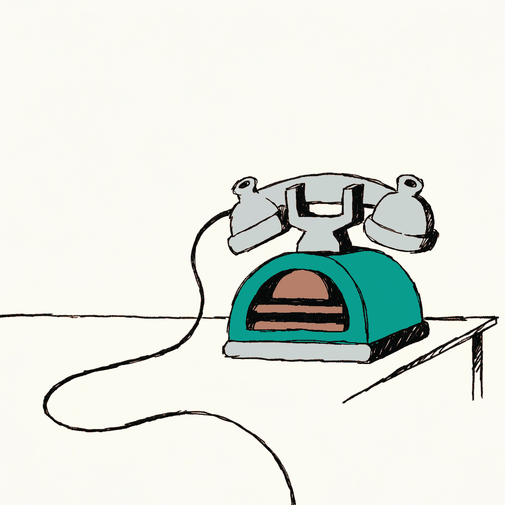 A child's toy telephone with a very long wire running away off the edge