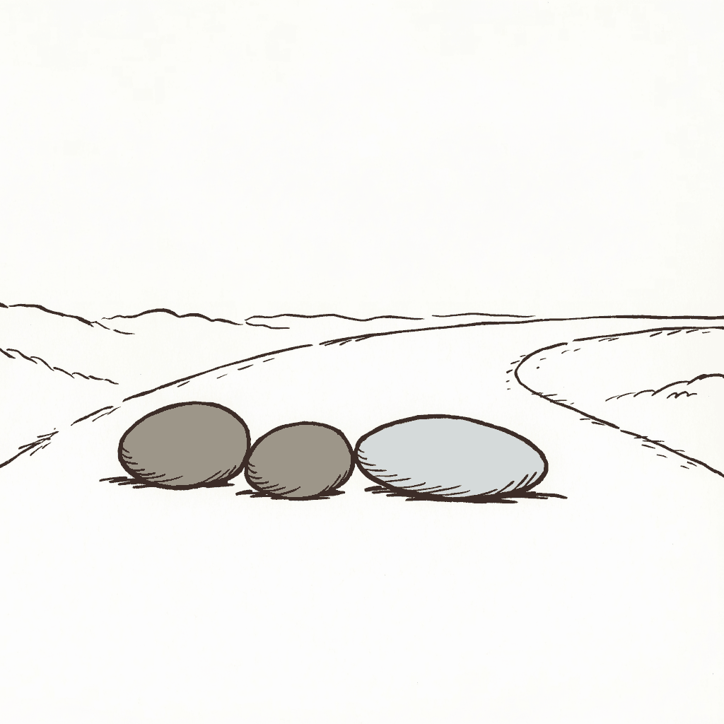 Three smooth stones set out in a row on a dirt path