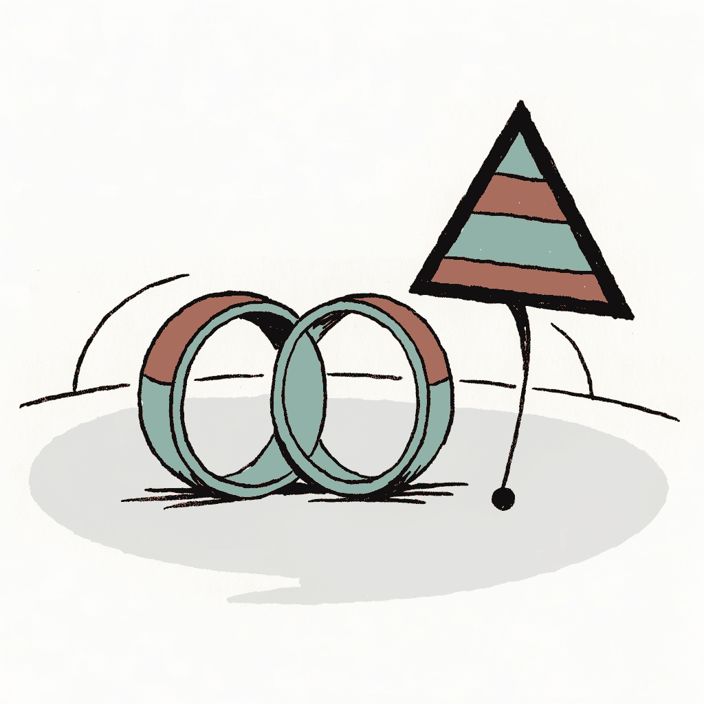 Two wedding rings on a table with a warning triangle beside them