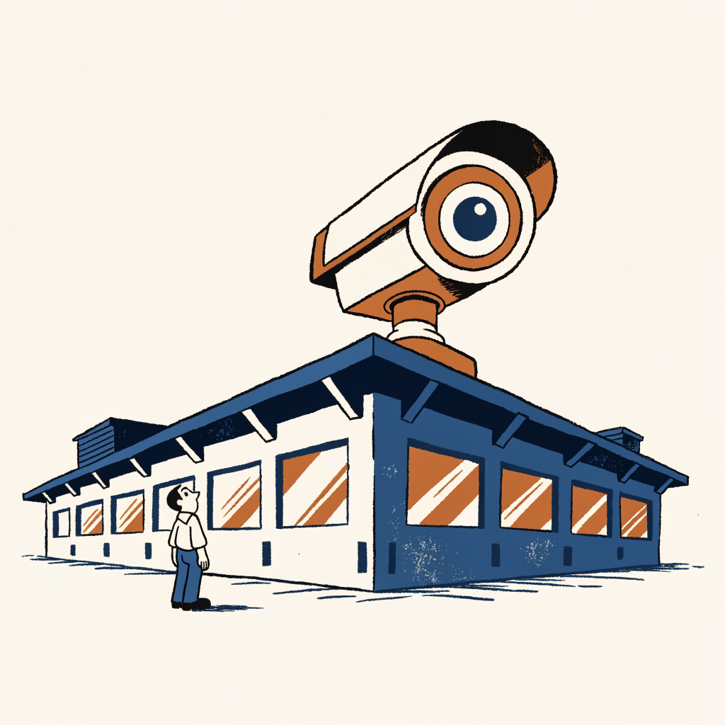 Cartoon of a data center building with a large camera on the roof, a small person looking up at it