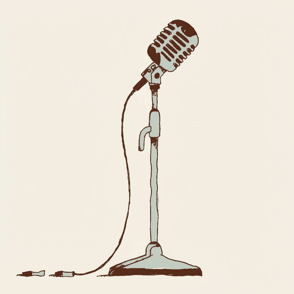 A microphone on a floor stand with its cable cut clean through