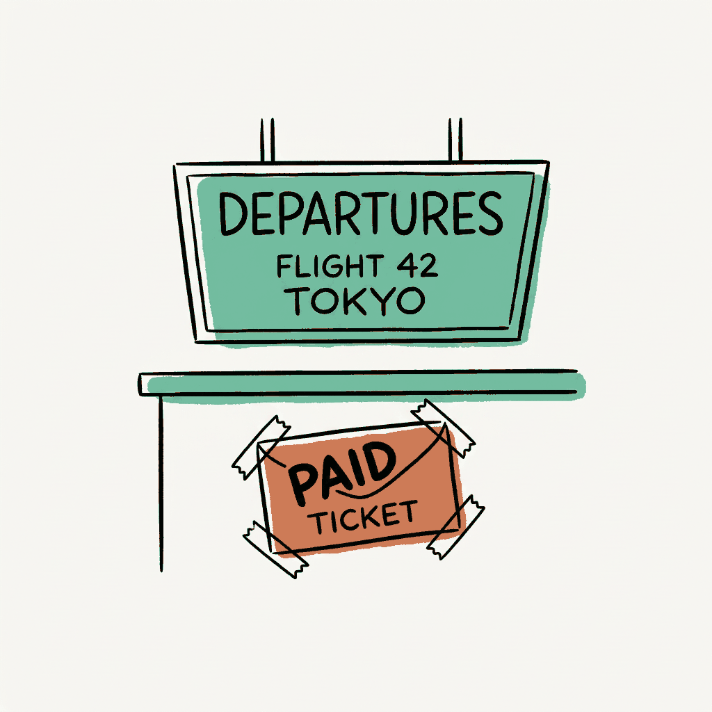 An airport departure sign lit up above a small paid ticket envelope taped to the counter