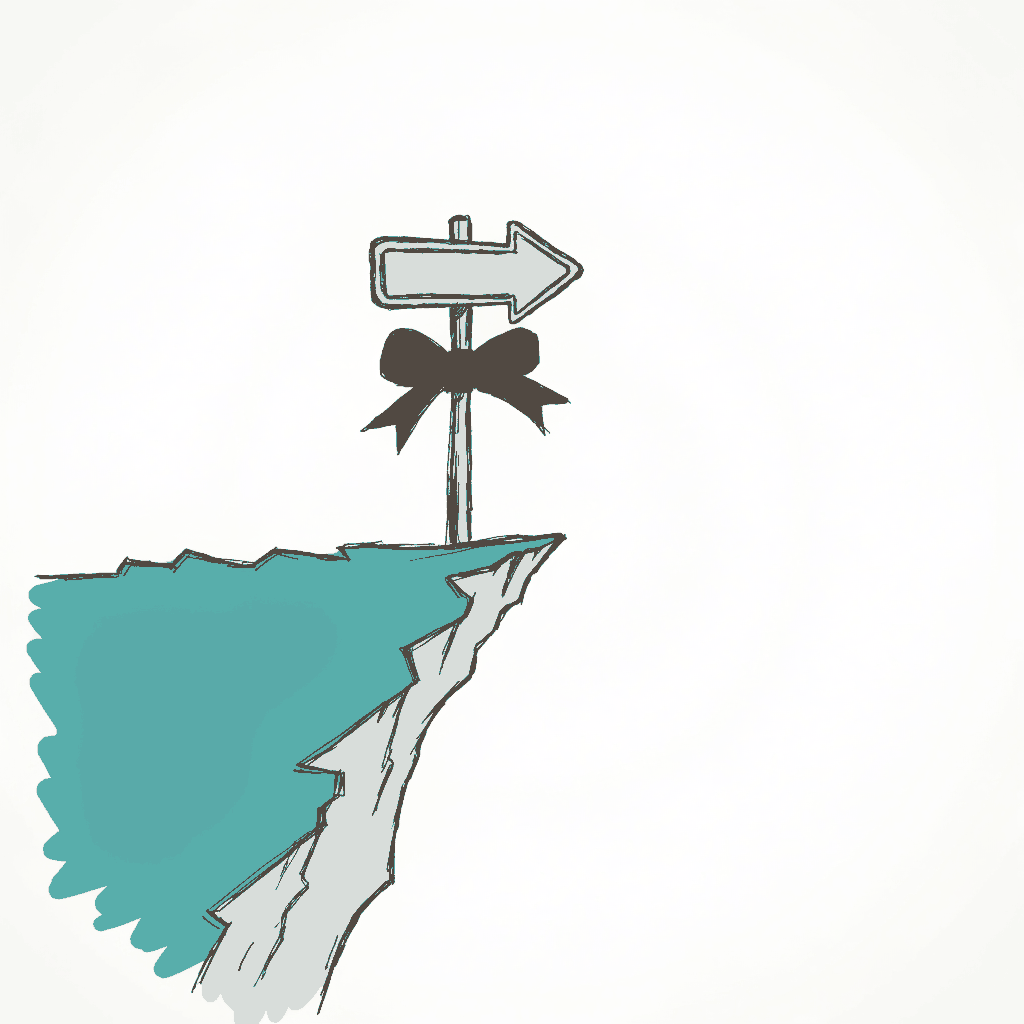 A one-way road sign at the edge of a cliff with a gift bow tied to the post
