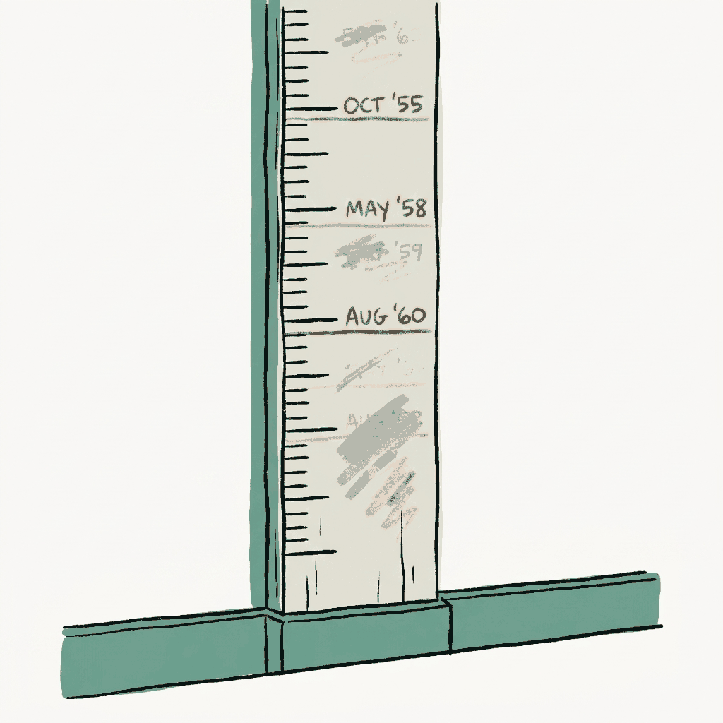 A doorway height-measurement chart with some of its pencil marks erased and others left untouched