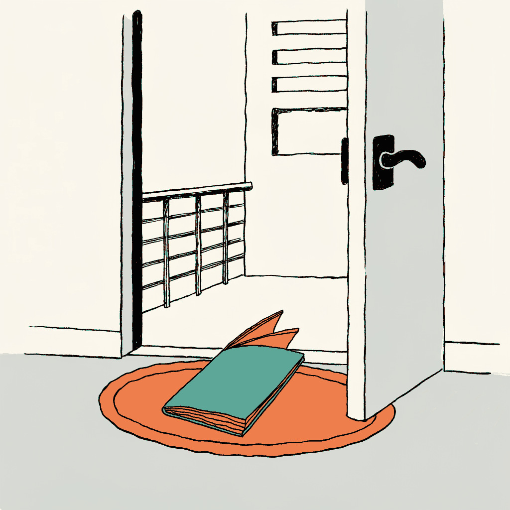 A passport lying open on a doormat by a front door