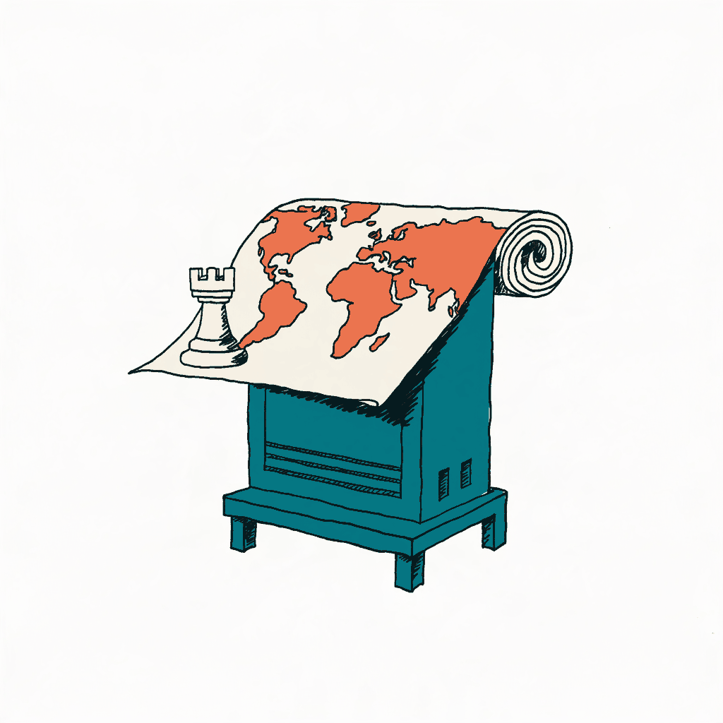 A church lectern with a large world map unrolled across it, one corner held down by a chess piece