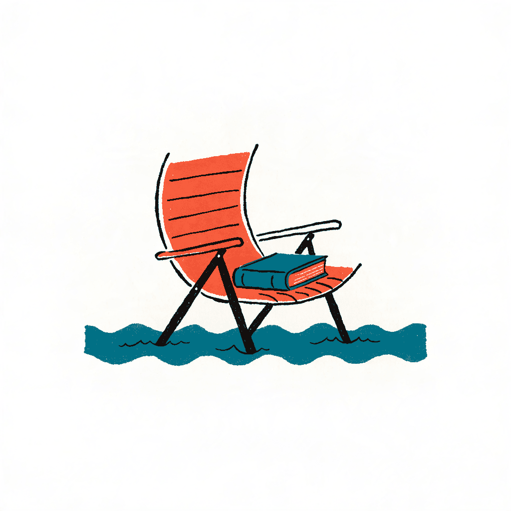 A hardback book left face down on a folding beach chair as the tide reaches the chair legs
