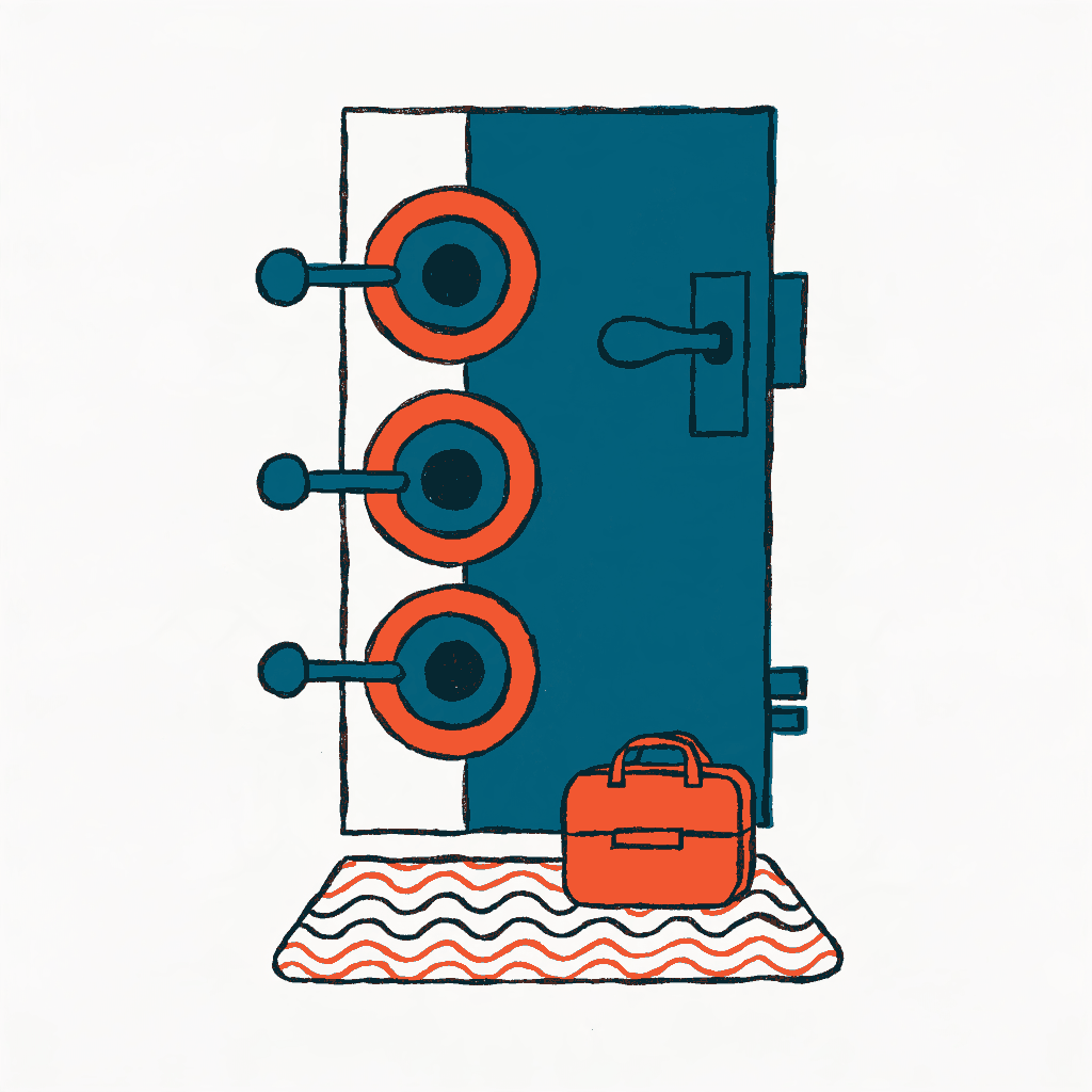 A front door fitted with three heavy deadbolts and a child's lunchbox sitting on the mat
