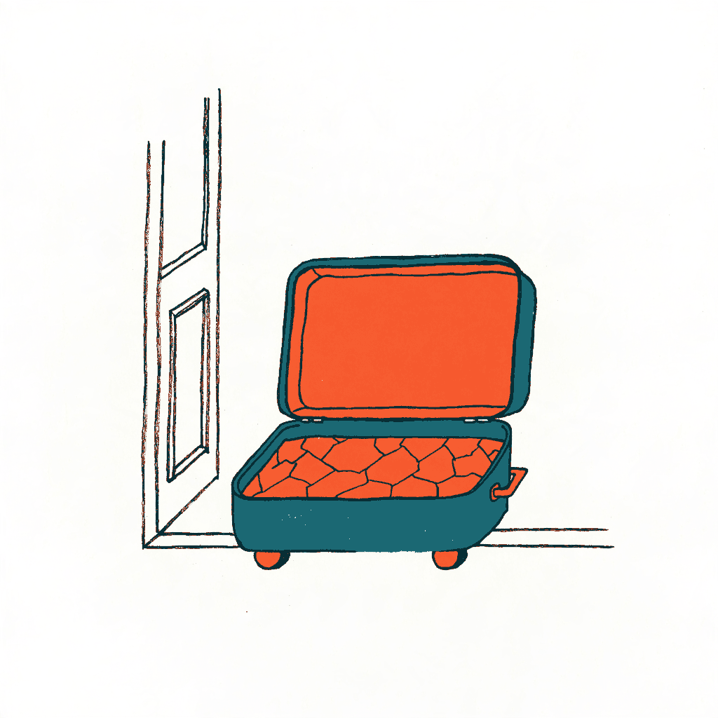 An open suitcase on a doorstep with a patch of cracked dry earth inside it