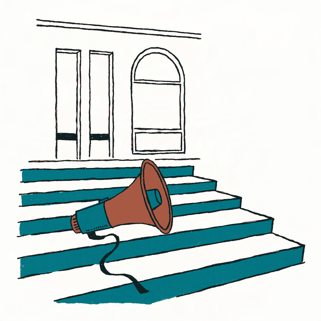 A megaphone lying on wide cathedral steps with its strap trailing down a step
