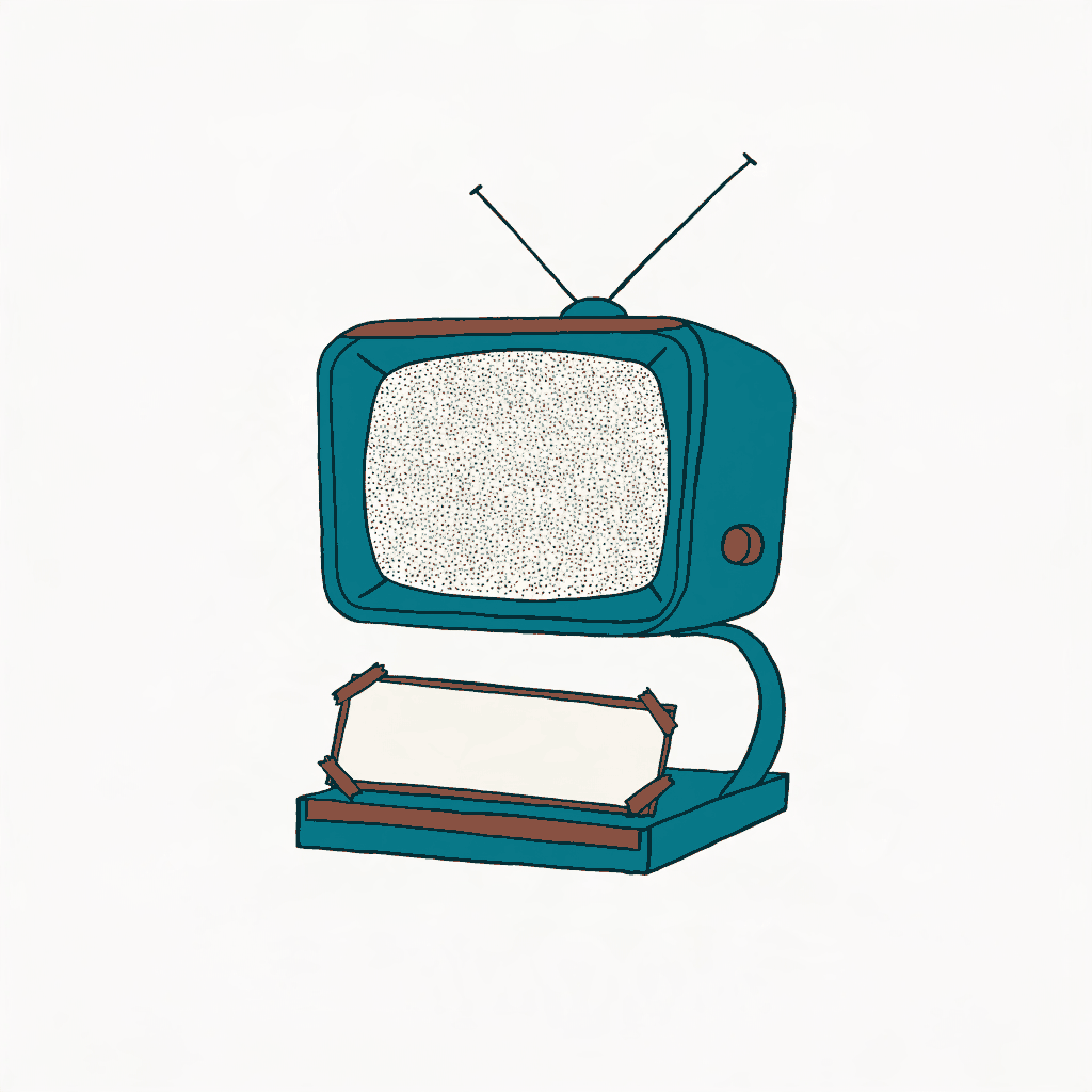 An old television on a stand showing pure static, a blank caption card taped beneath the screen