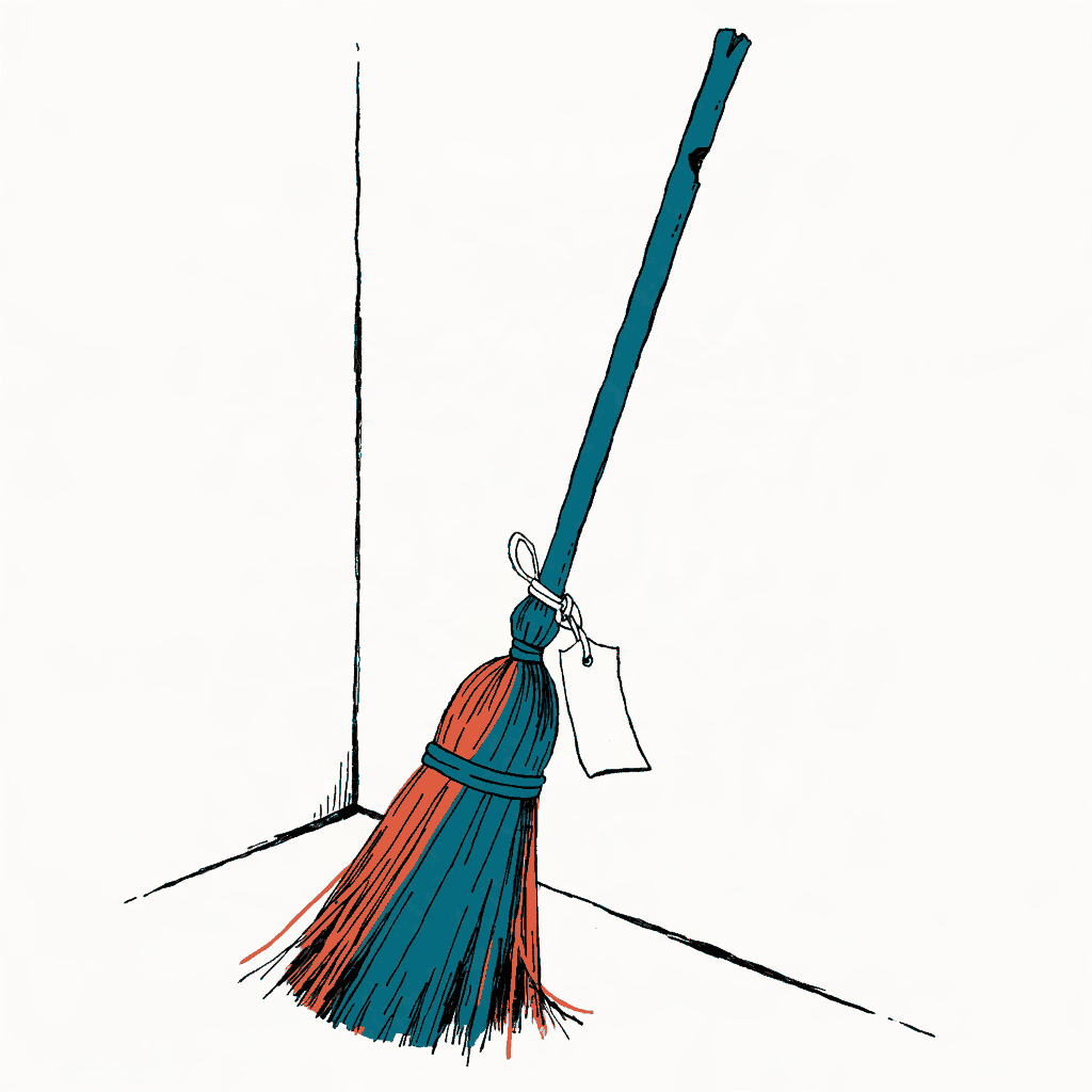 A worn broom propped in an empty corner with a paper tag tied to the handle