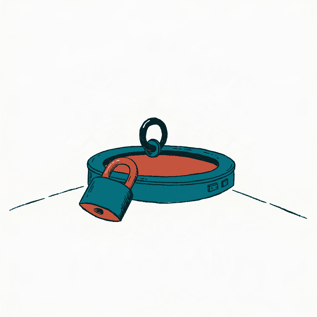 A missile silo hatch set flush in an empty field, a heavy padlock hanging open on its ring
