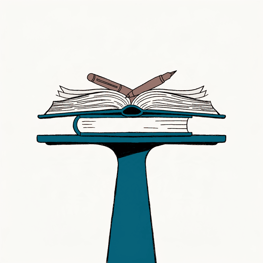 A lectern holding two stacked dictionaries, the top one open, a red pen resting in the gutter
