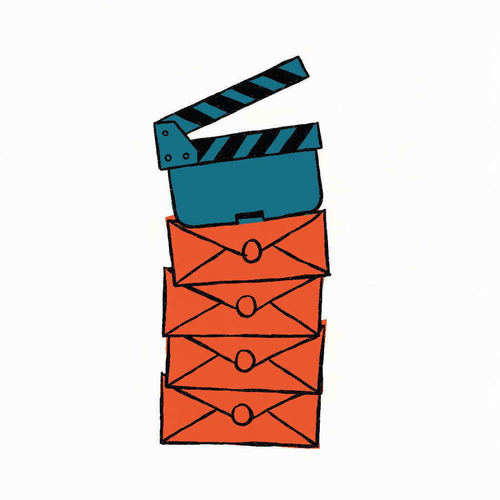 A film clapperboard resting on a stack of sealed awards envelopes