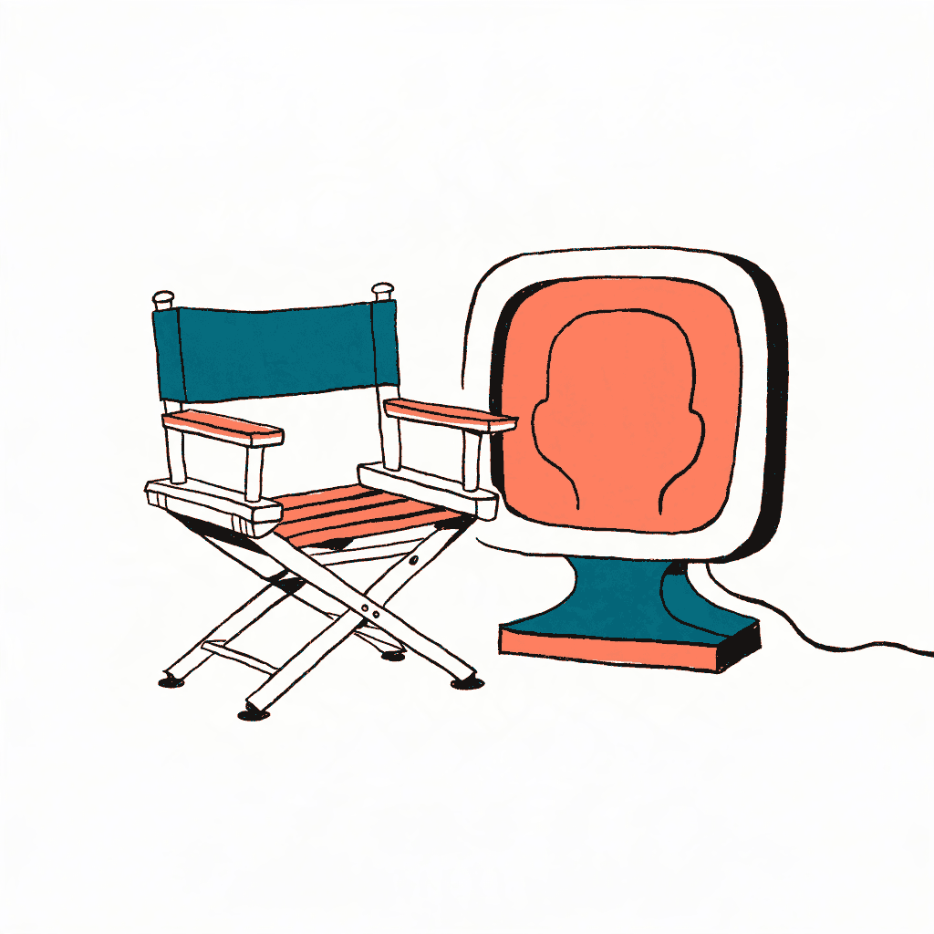 An empty director's chair beside a monitor showing a blank face shaped outline