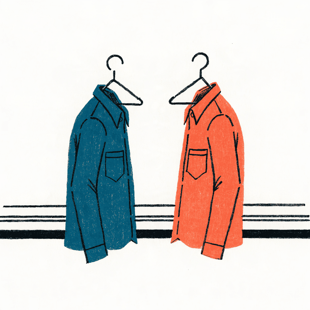 Two rally shirts on hangers facing each other across a locker room bench