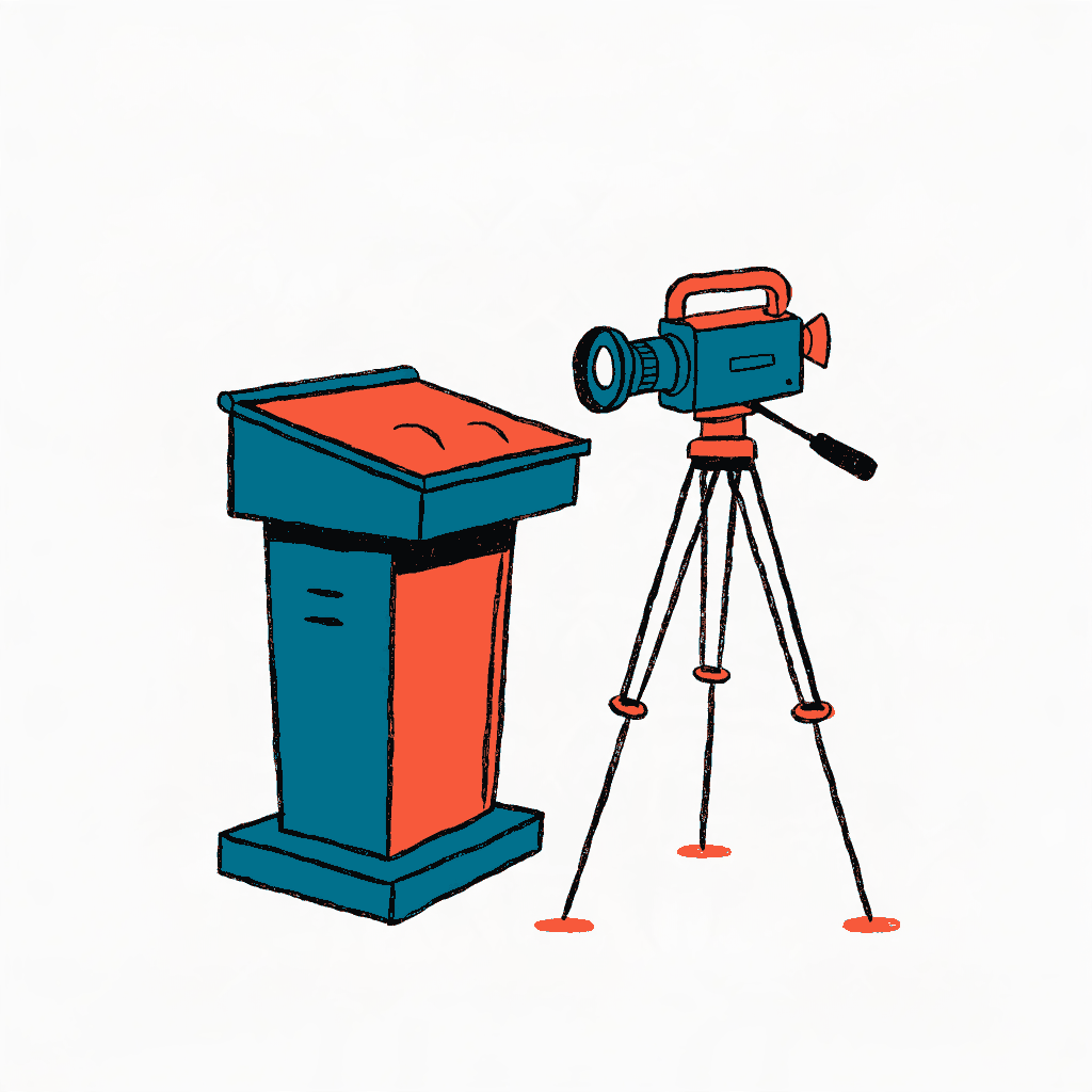 A debating chamber lectern with a video camera on a tripod pointed away from it