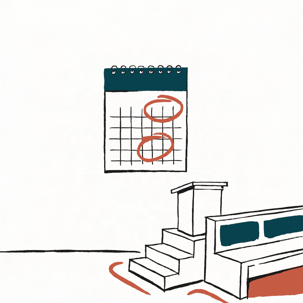 A wall calendar in an empty courtroom with two dates circled far apart