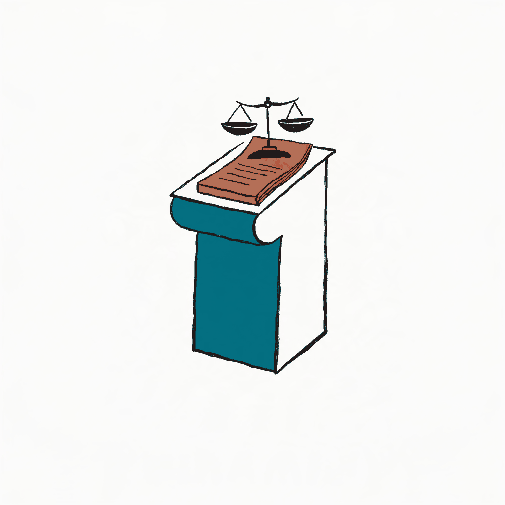 A university lectern holding a legal pad with a small set of balance scales sitting on it