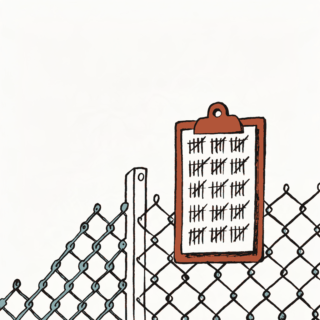A chain link fence with a clipboard hanging from it, the top sheet covered in tally marks