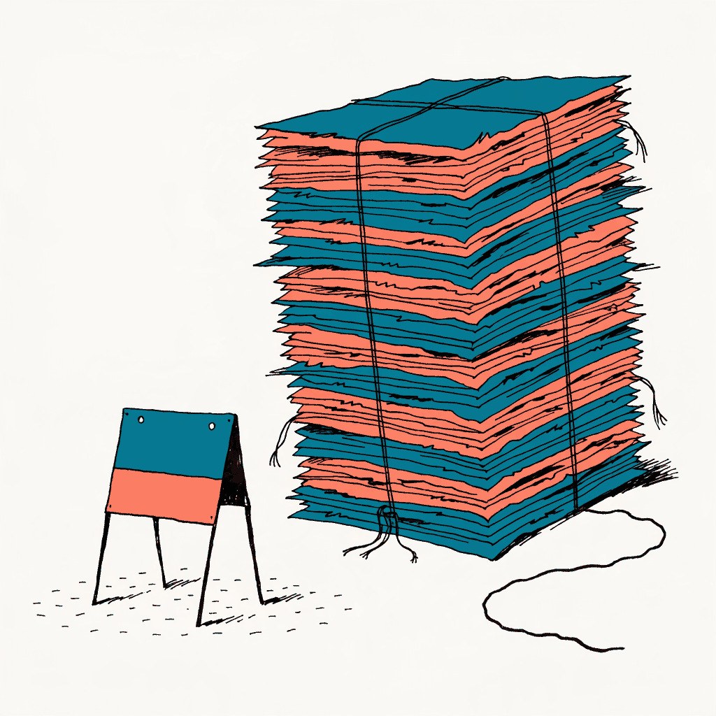 A polling place sign on a lawn beside an enormous stack of mailers bound with twine