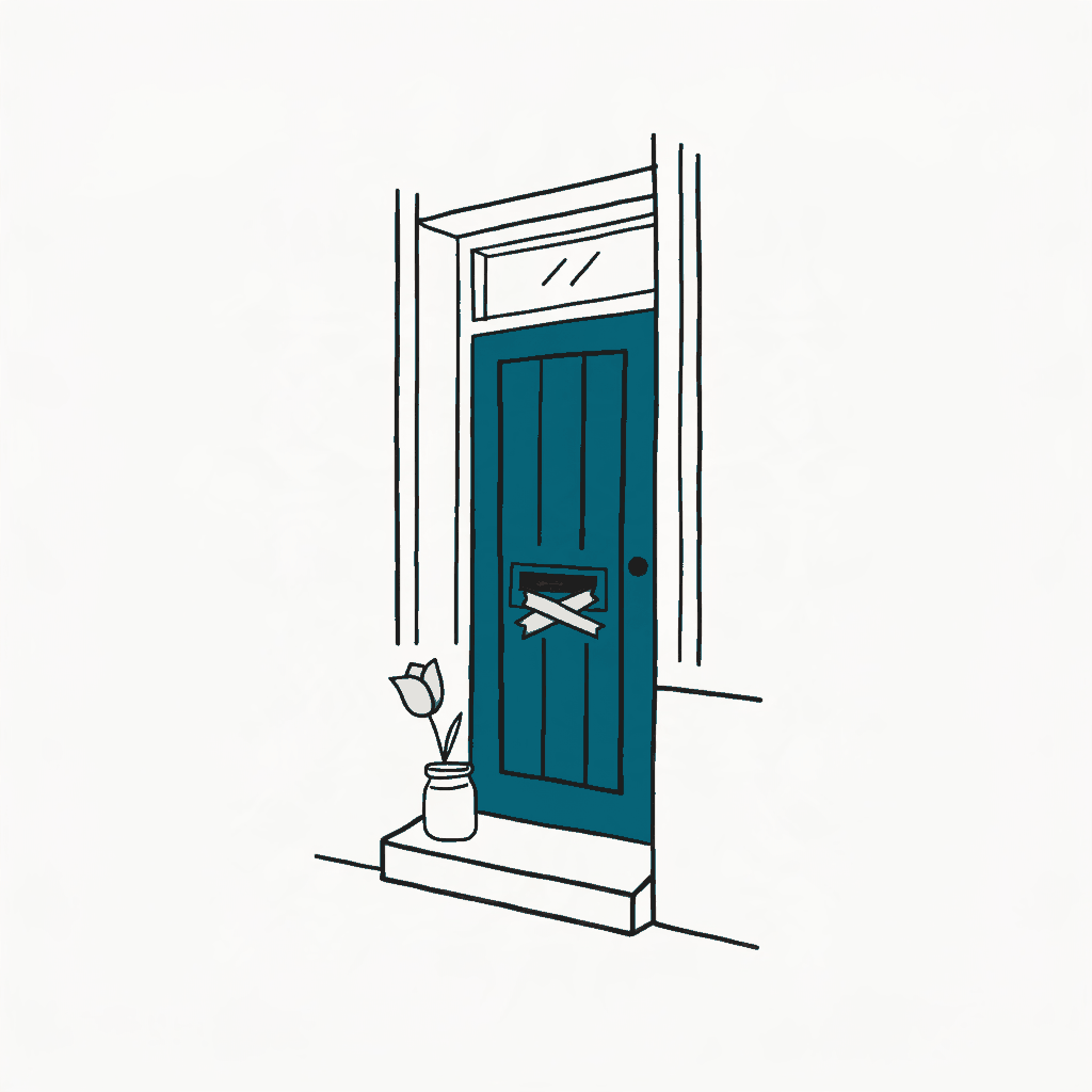 A narrow canal house door with its mail slot taped shut and a single tulip in a jar on the step
