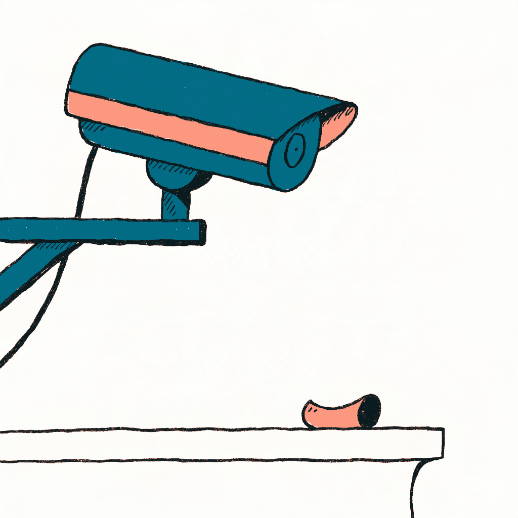 A rooftop security camera on a bracket with a single shell casing on the parapet below