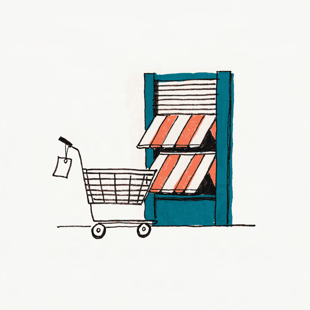 A shopping trolley with a paper tag on the handle in front of a shop with the shutters half up