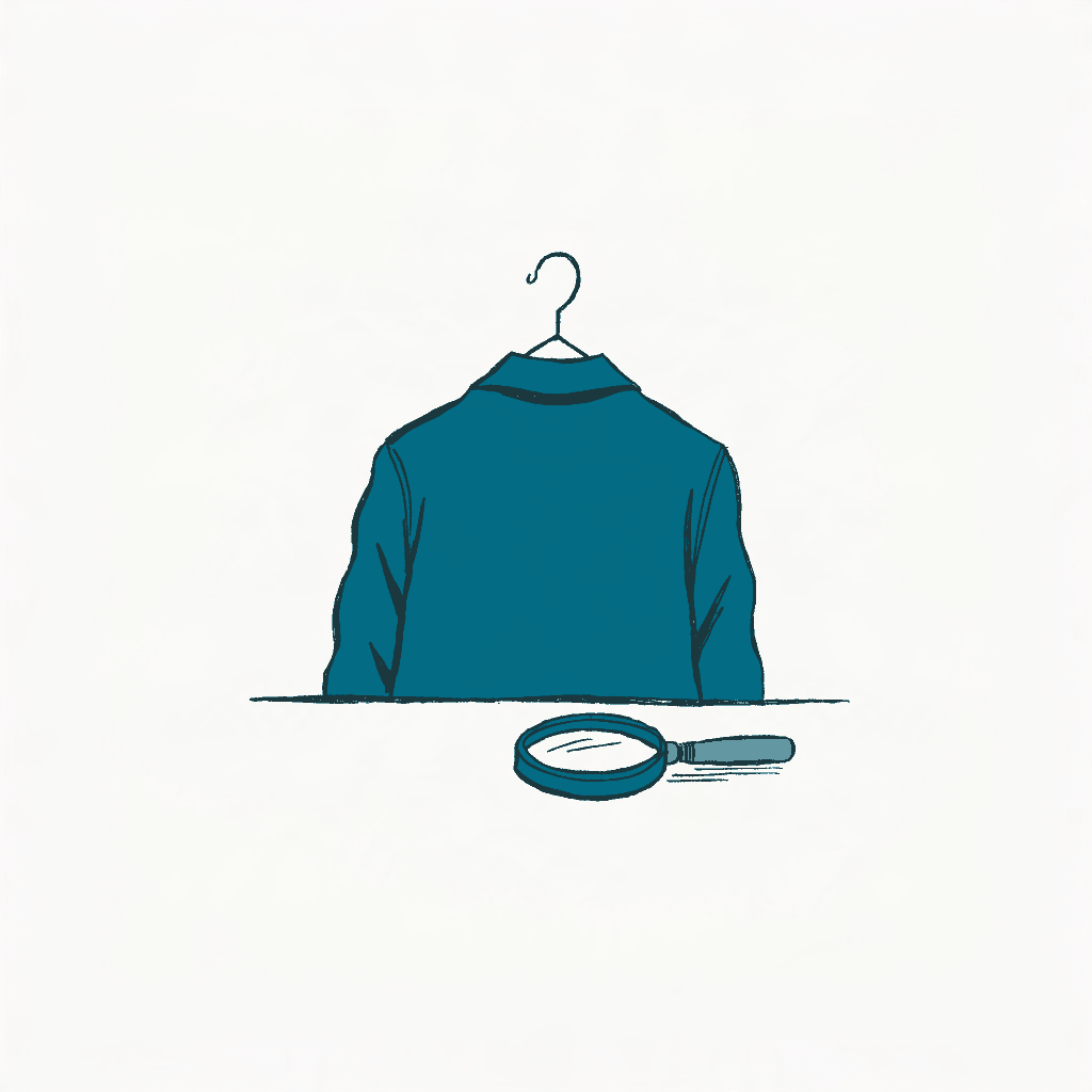 A plain shirt on a wire hanger seen from behind with a magnifying glass on the table beneath