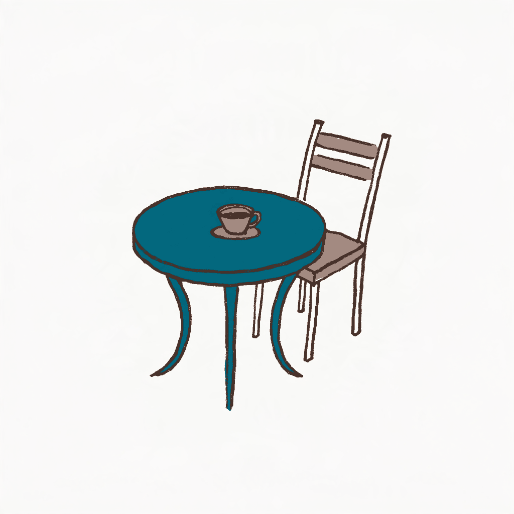 An empty kitchen chair pulled back from a table with a cup of tea gone cold on it