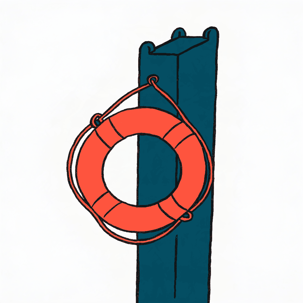 A lifebuoy hanging on a harbour post with its rope cut short