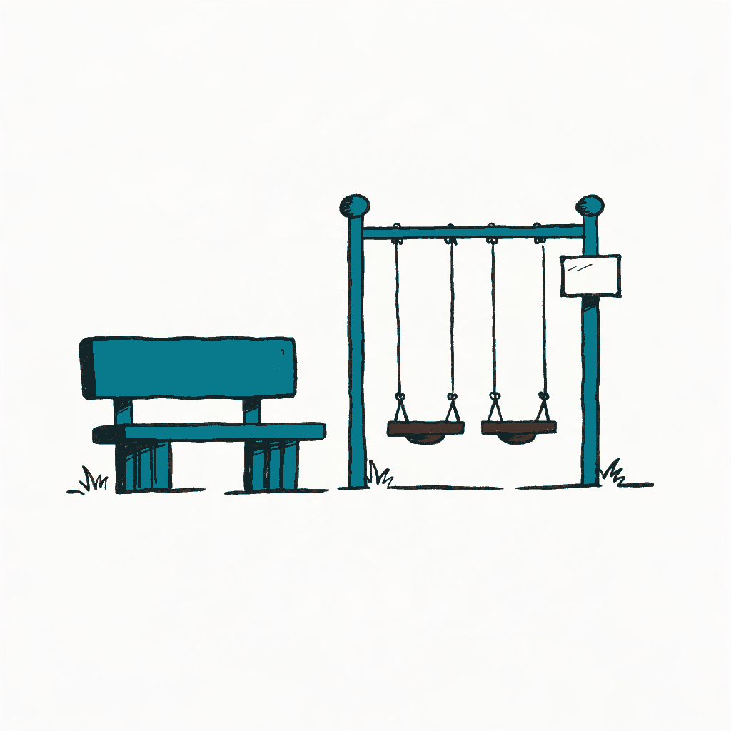 A park bench beside a swing set with a small blank hand lettered sign nailed to the post