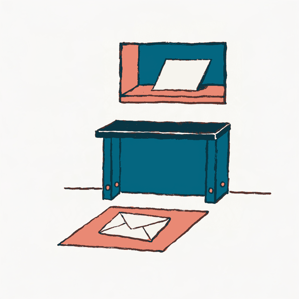 A shop counter with a blank card propped in the window and an envelope lying on the mat