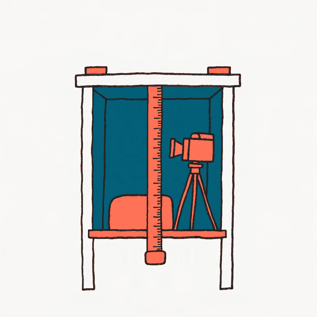 A passport photo booth with a measuring tape hanging where the curtain should be