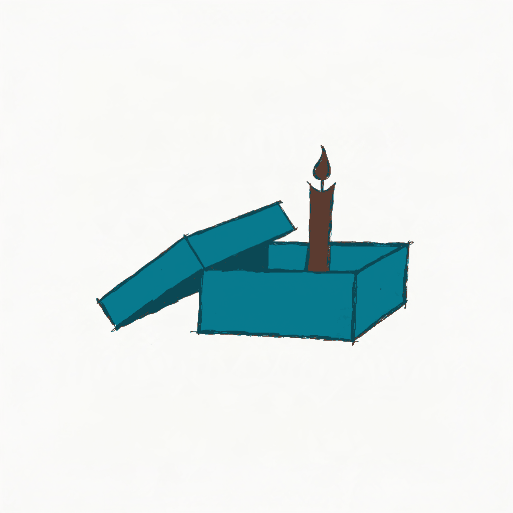 A court file box with the lid off and a single lit candle standing where the papers should be