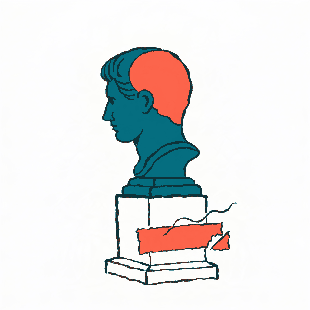 A marble bust on a plinth with a demolition notice pasted across the base