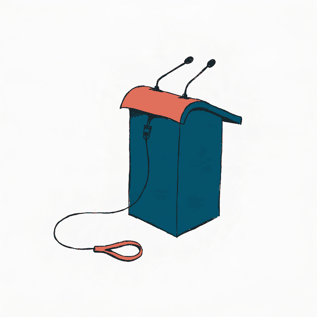 A speaker's lectern with a leash clipped to it, the other end of the leash lying empty on the floor