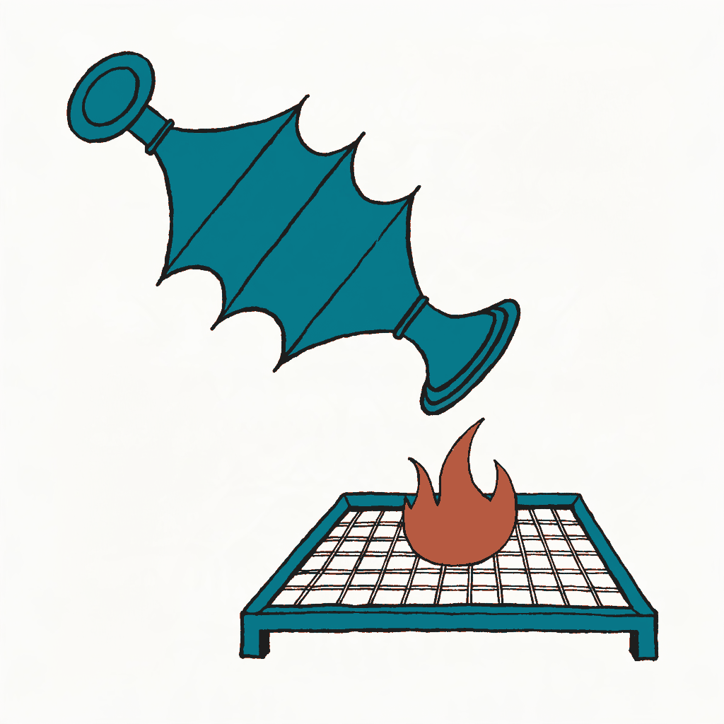 A pair of bellows aimed at a small fire in a fireplace grate
